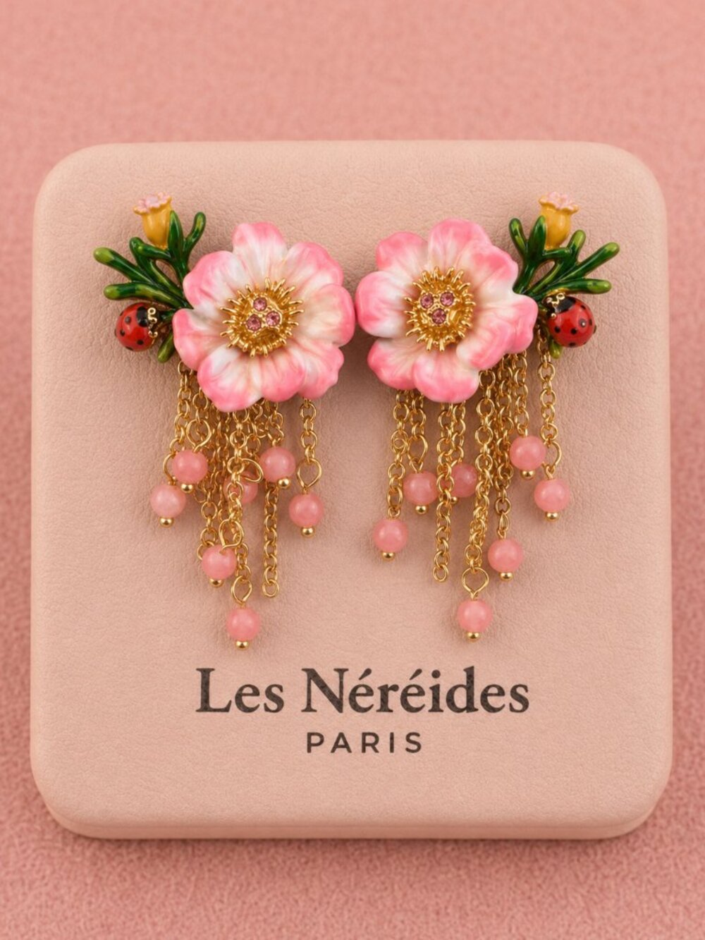 Les NEREIDES Pink Flower 🌺 Ladybug 🐞 Dangle Stud Earrings